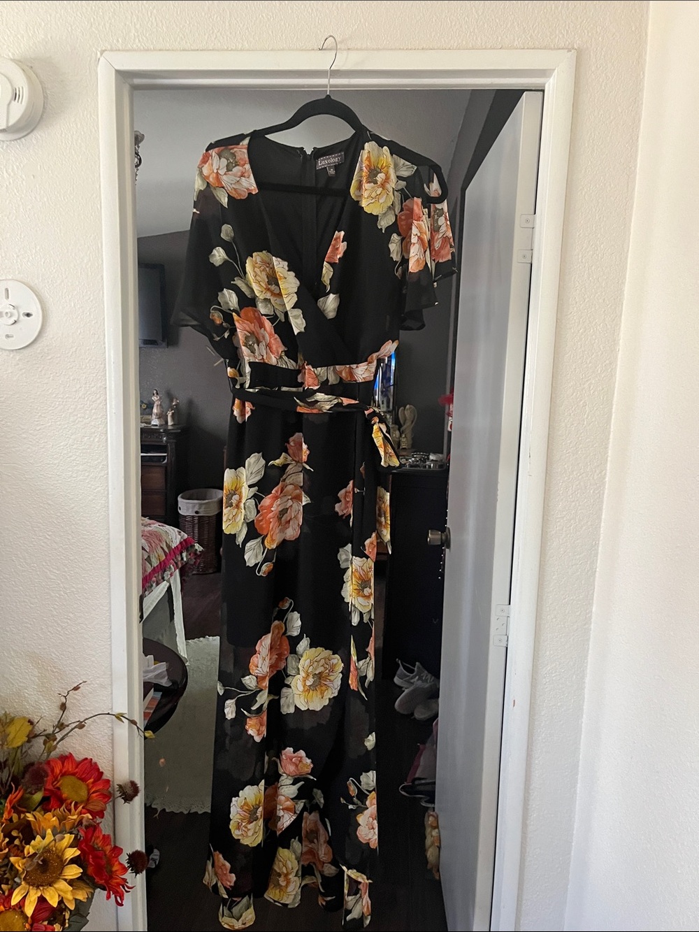 Floral faux Wrap Maxi Dress - Black with Peach & Yellow Flowers